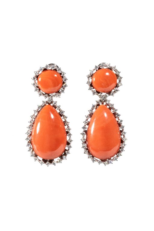 Pair of 18k Gold Coral and Diamond Earrings