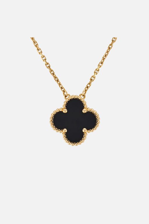 18k Yellow Gold Onyx Clover Pendant Necklace