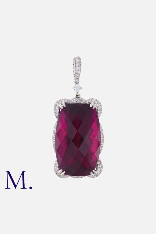 18k White Gold Tourmaline and Diamond Pendant