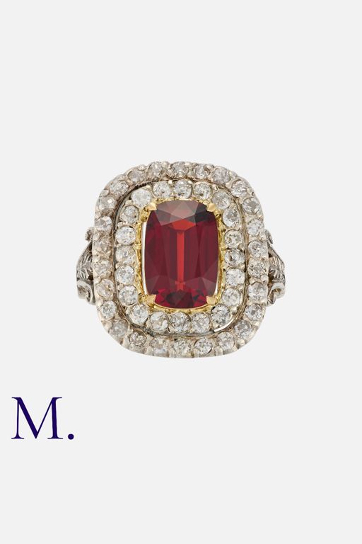 18k Yellow Gold and Silver Spinel and Diamond Ring