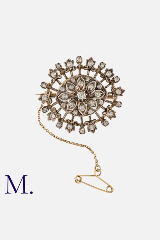9k Yellow Gold and Silver Diamond Flower Brooch