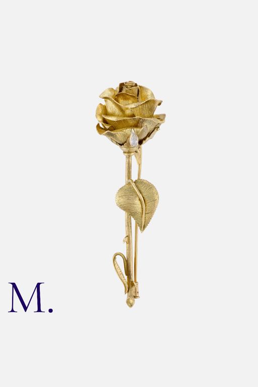 18k Yellow Gold Diamond Rose Brooch