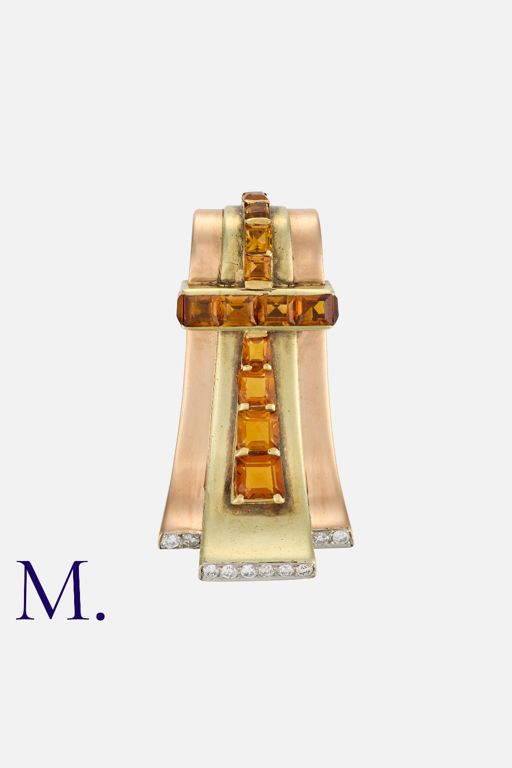 Tri-Color Gold Citrine and Diamond Clip Brooch