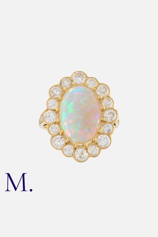 18k Yellow Gold Opal and Diamond Cluster Ring