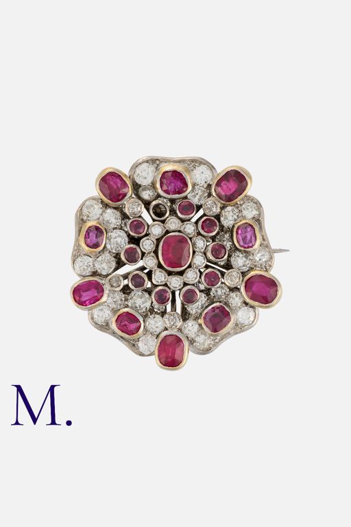18k Yellow and White Gold Ruby and Diamond Brooch