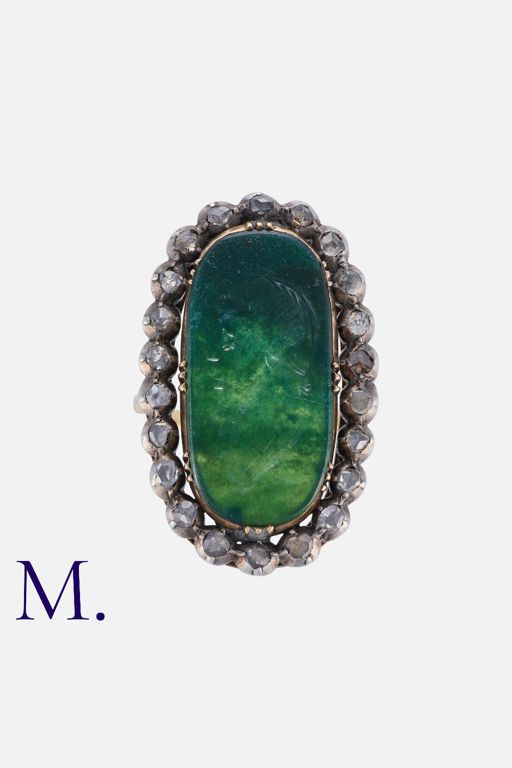 18k Yellow Gold and Silver Hardstone and Diamond Ring