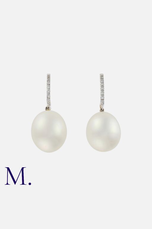18k Yellow Gold Pearl and Diamond Drop Earrings