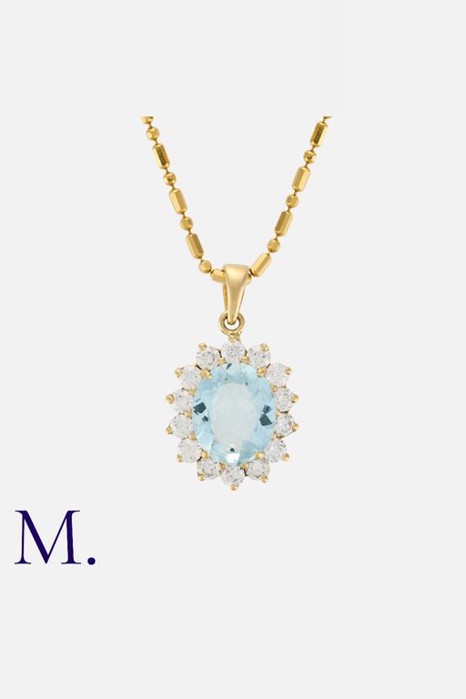 18k Gold Aquamarine and Diamond Pendant Necklace