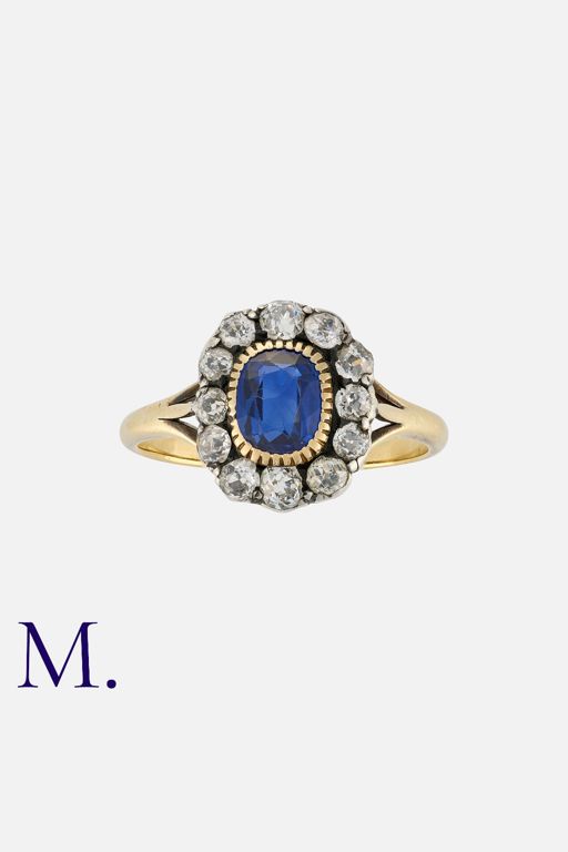 Yellow Gold and Silver Sapphire and Diamond Cluster Ring