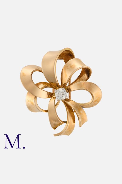 18k Gold Diamond Ribbon Brooch