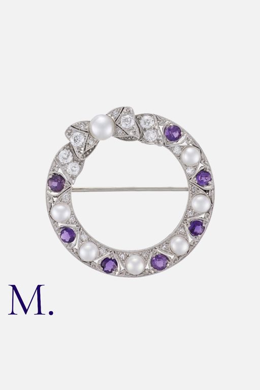 18k White Gold Diamond, Pearl and Amethyst Brooch