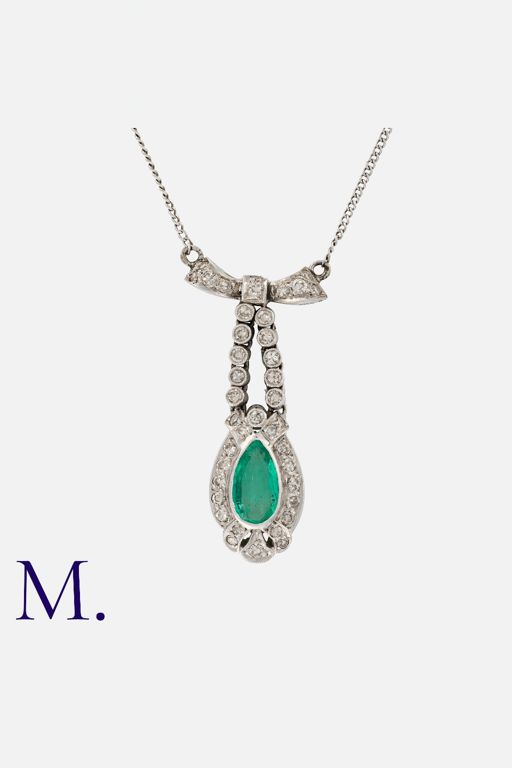 White Gold Emerald and Diamond Pendant Necklace