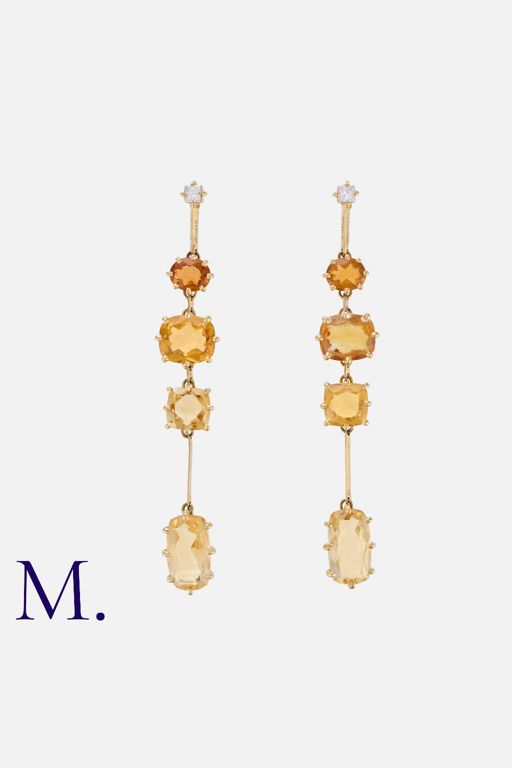 Yellow Gold Citrine, Diamond and Sapphire Earrings