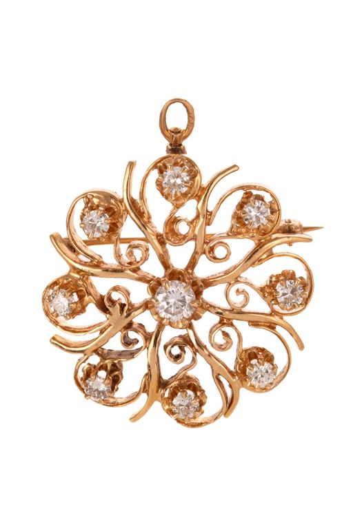 14k Yellow Gold Diamond Pinwheel Brooch/Pendant