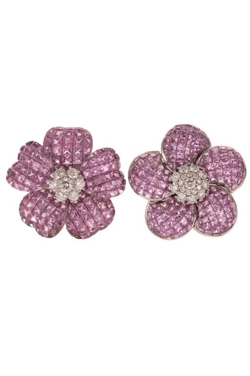 18k White GoldSapphire and Diamond Flower Earrings