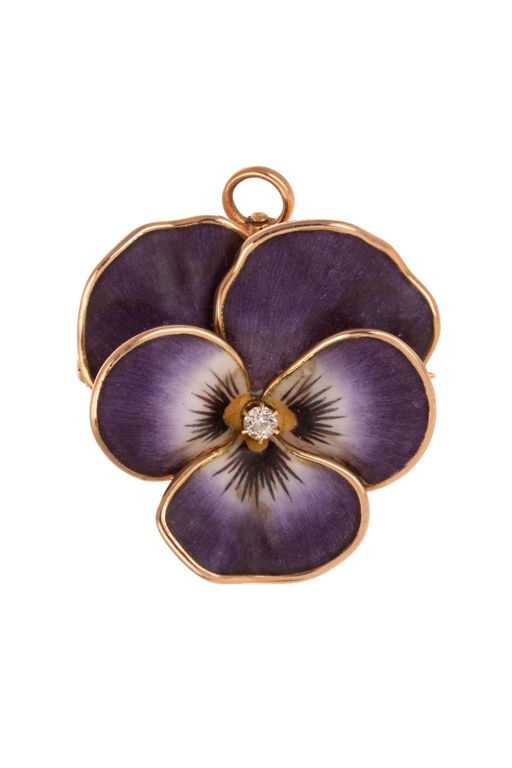 14k Gold Enamel and Diamond Pansy Brooch/Pendant