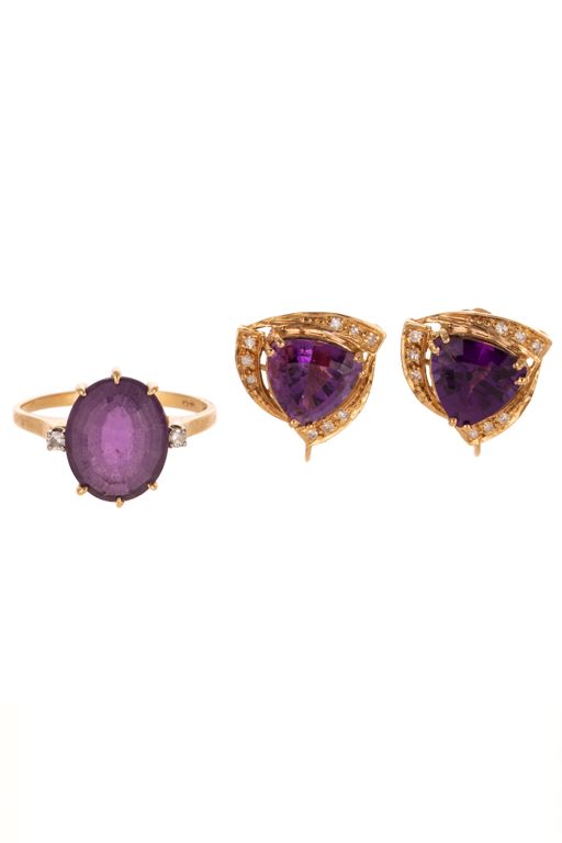 14k Yellow Gold Amethyst and Diamond Jewelry Set