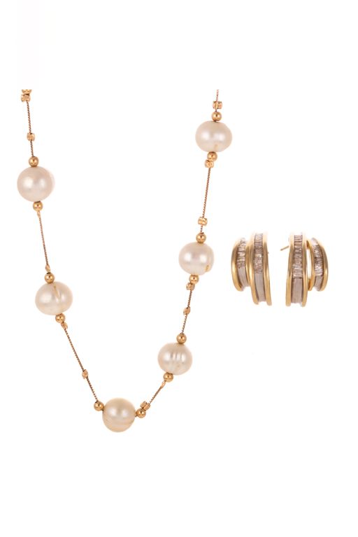 14k Gold Pearl and Diamond Jewelry Set