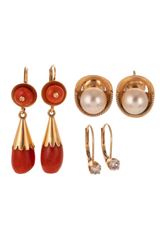 Three Pairs of Yellow Gold Gemstone Earrings
