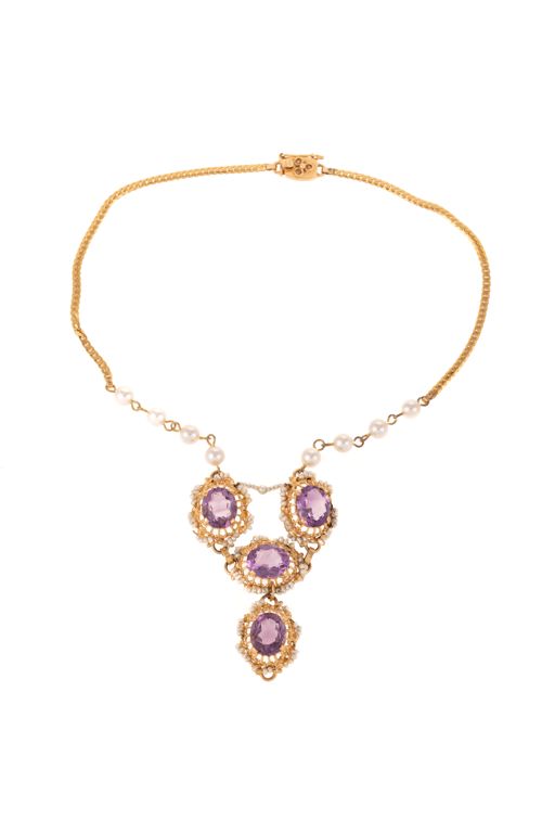 14k Yellow Gold Amethyst and Pearl Lariat Necklace