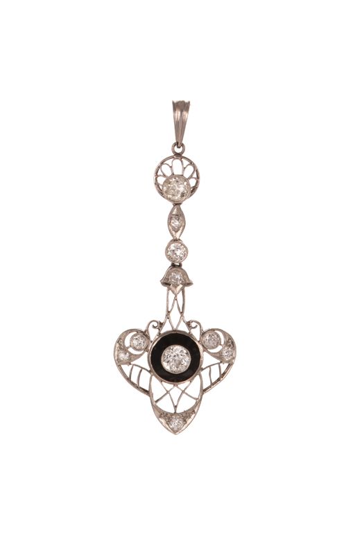 Platinum Diamond and Onyx Drop Pendant