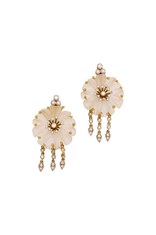 Pair of 18k Gold Quartz and Diamond Earrings