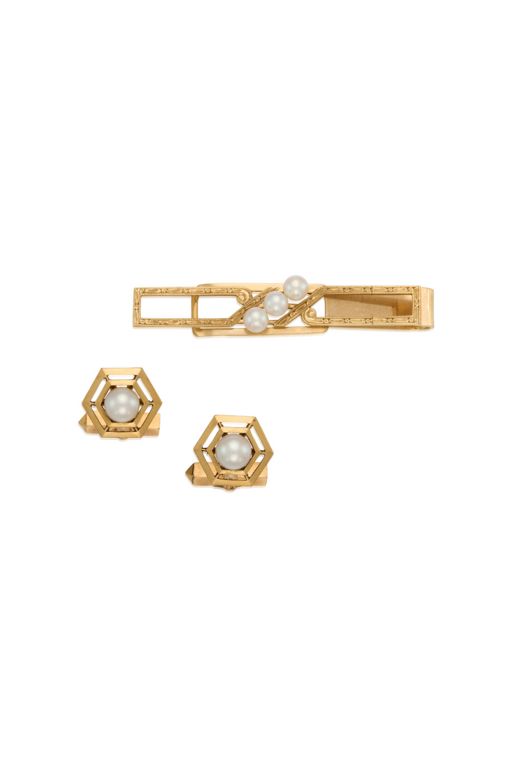 14k Gold Pearl Cufflinks and Tie Clip