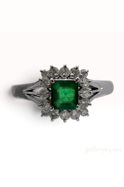 Platinum Emerald and Diamond Cluster Ring