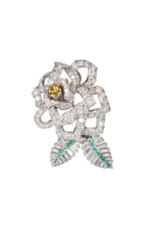 White Metal Diamond and Emerald Rose Brooch