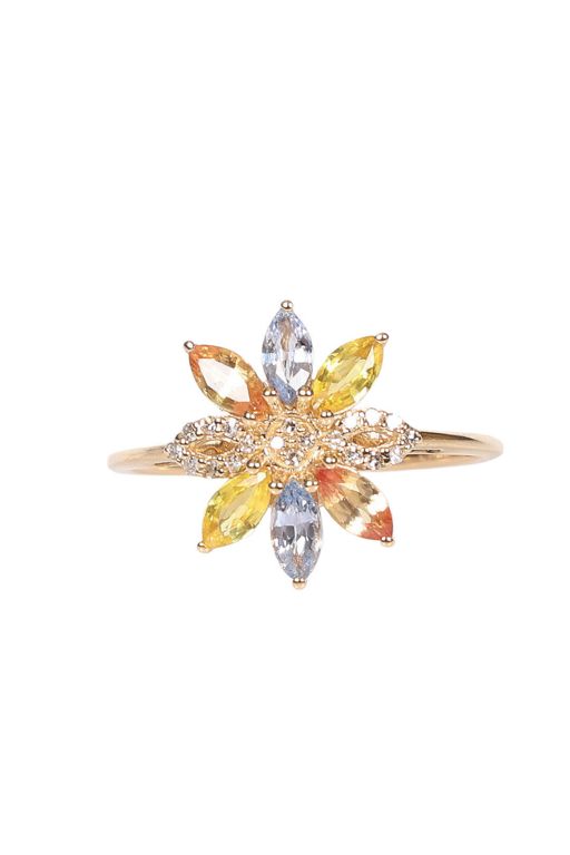 14k Yellow Gold Sapphire and Diamond Cluster Ring