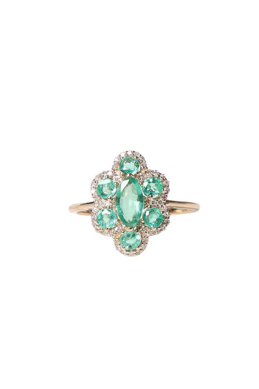 14k Yellow Gold Emerald and Diamond Cluster Ring