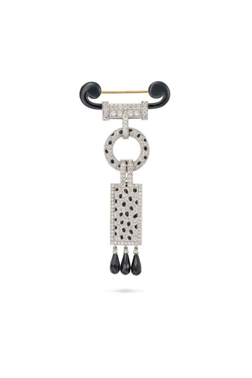 18k Gold Diamond and Onyx Brooch