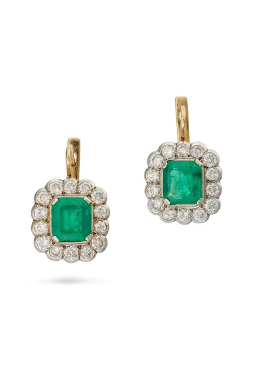Pair of Emerald and Diamond Earrings