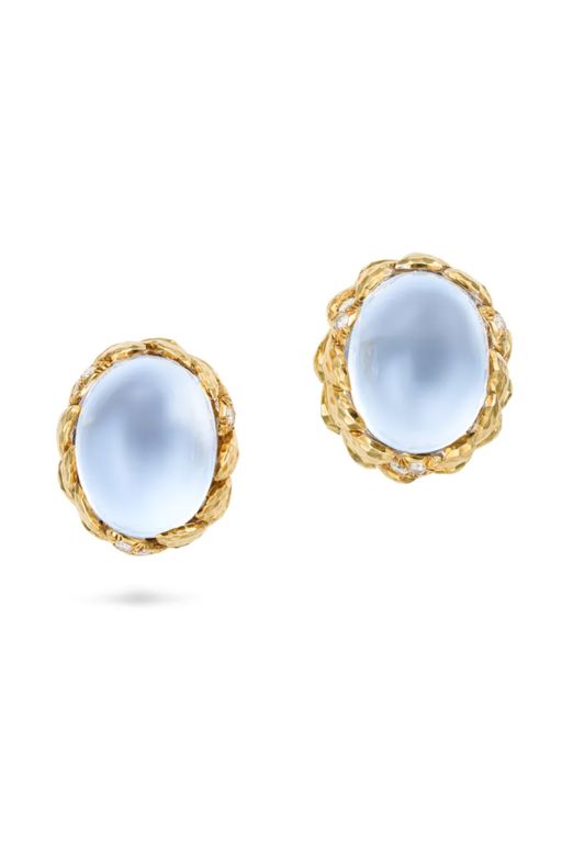 Pair of 18k Gold Rock Crystal and Diamond Earrings