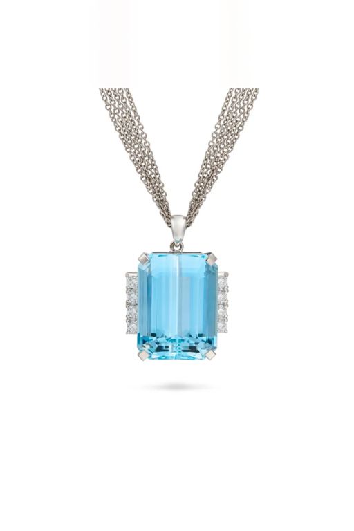 Platinum Aquamarine and Diamond Pendant Necklace