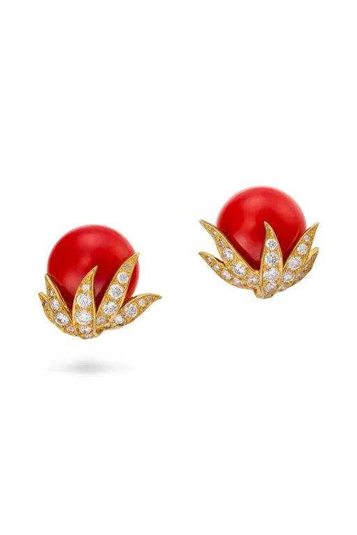 Pair of 18k Gold Coral and Diamond Earrings