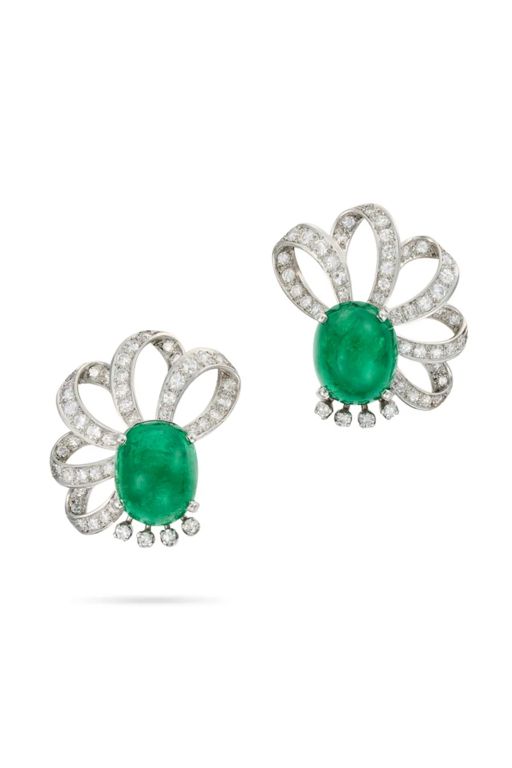 Pair of Platinum Gold Emerald and Diamond Earrings