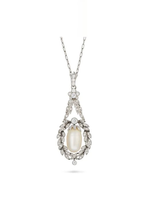 Platinum Pearl and Diamond Pendant Necklace