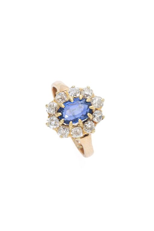 18k Yellow Gold Sapphire and Diamond Cluster Ring