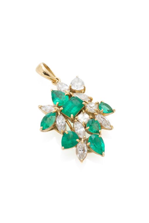 18k Gold Emerald and Diamond Cluster Pendant