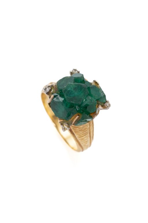 18k Yellow Gold Synthetic Emerald and Diamond Ring