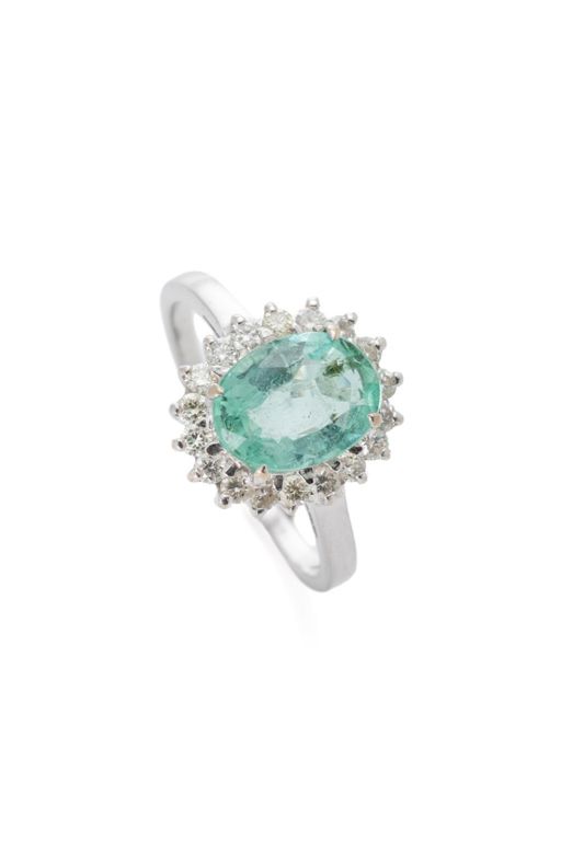 18k White Gold Emerald and Diamond Cluster Ring