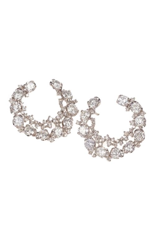 14k White Gold Diamond Crescent Hoop Earrings
