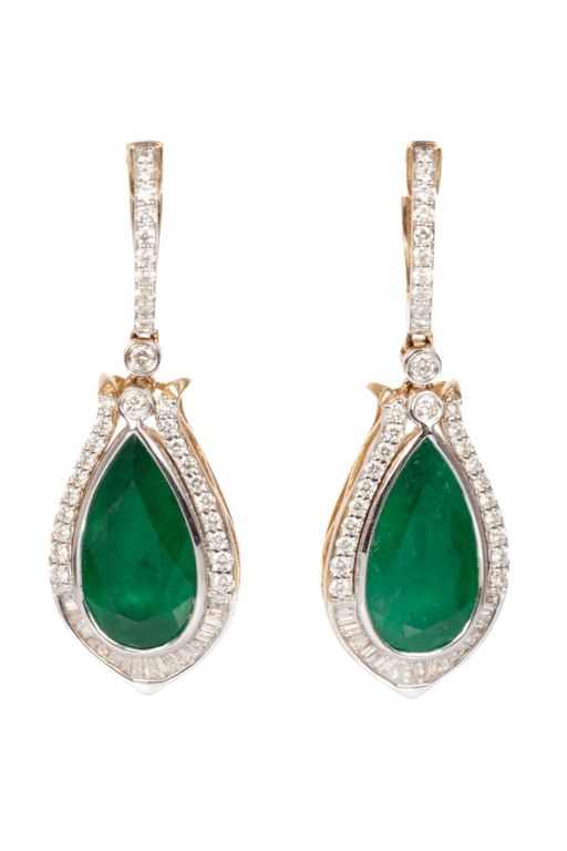 14k Gold Emerald and Diamond Dangle Earrings