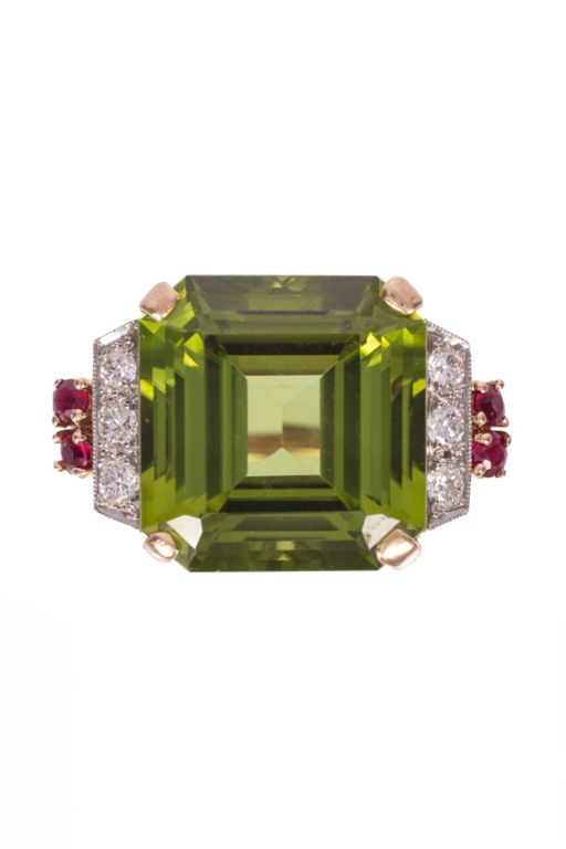 14k Two-Tone Gold Peridot, Ruby and Diamond Ring