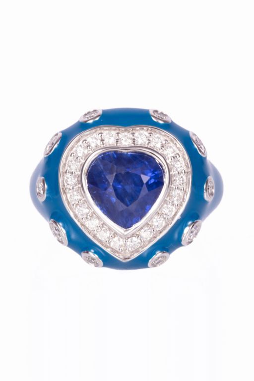18k White Gold Sapphire, Diamond and Enamel Ring