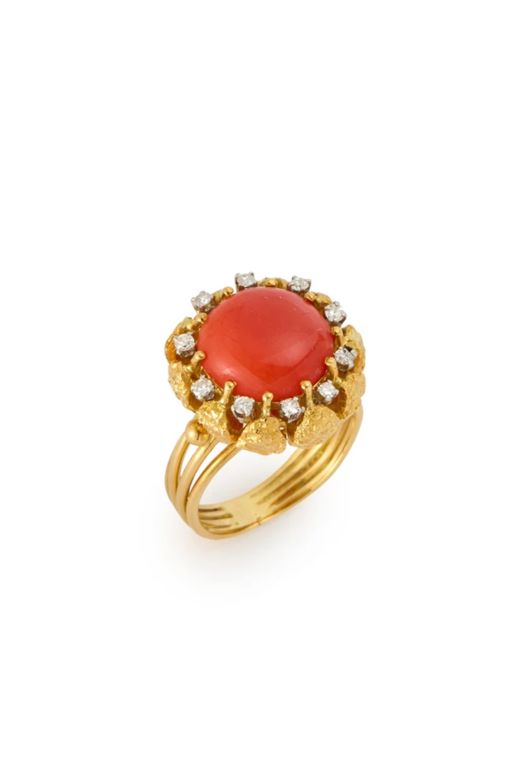 18k Gold Coral and Diamond Ring