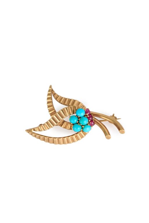 9k Gold Turquoise and Ruby Brooch