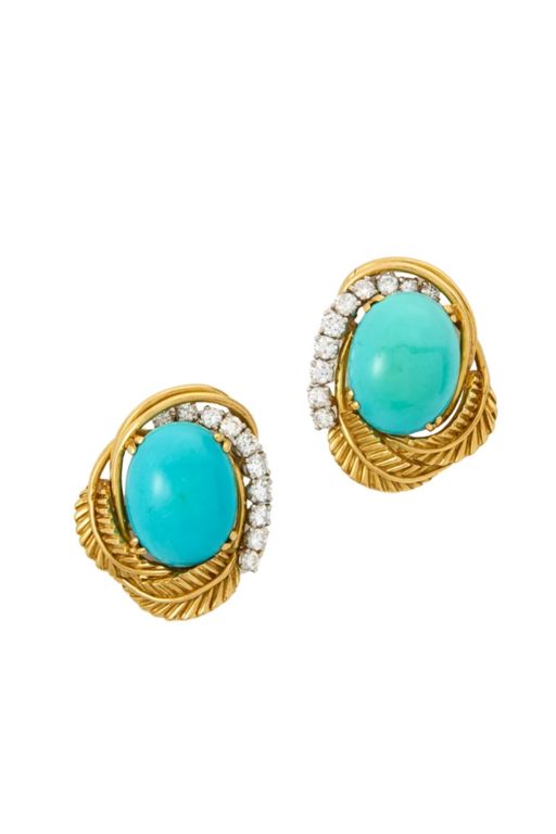 Pair of 18k Gold Turquoise and Diamond Earrings