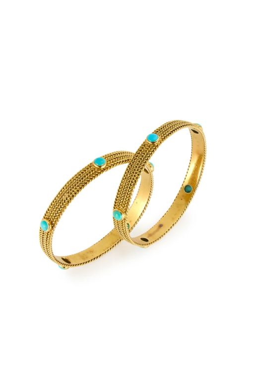 Pair of 18k Gold Turquoise Bracelets